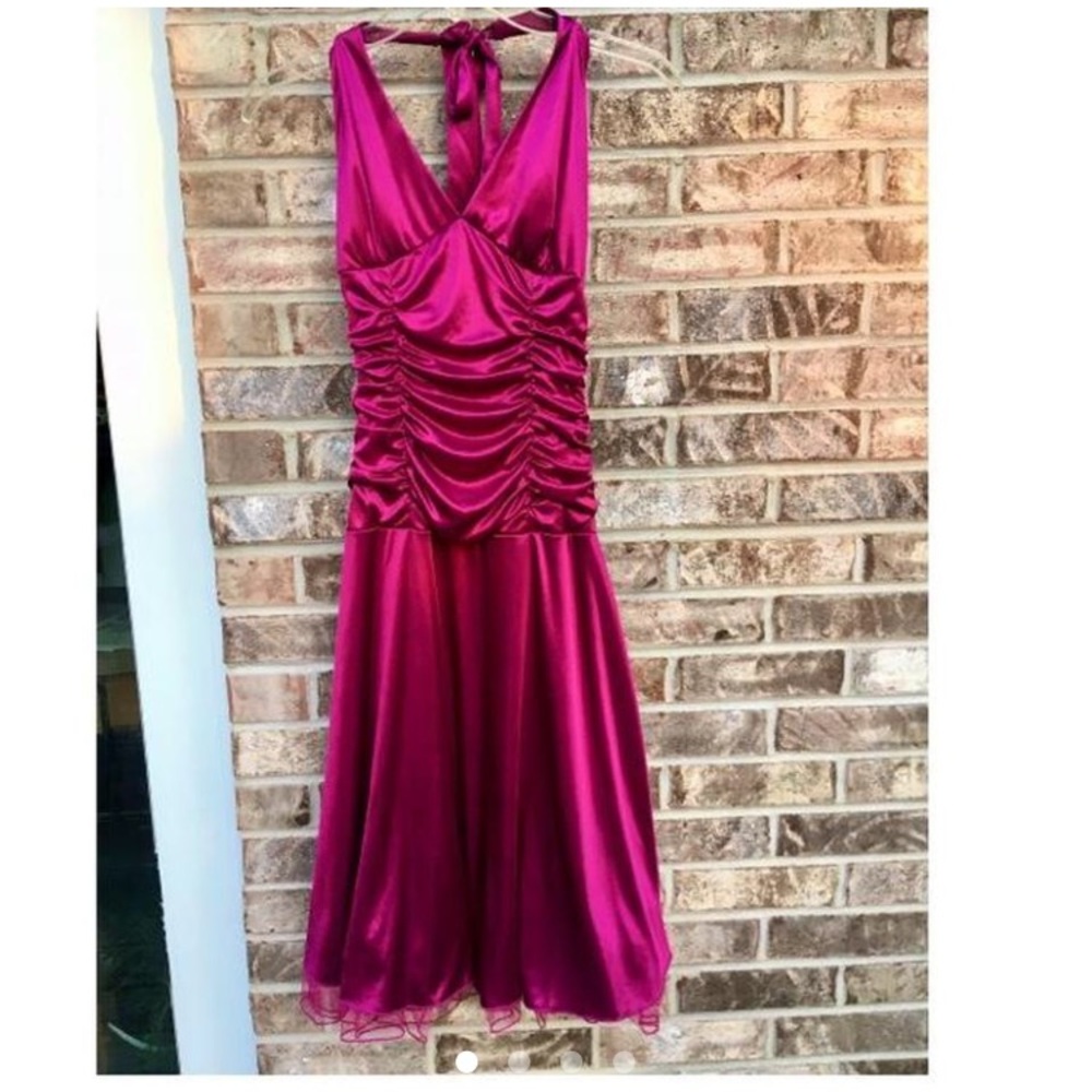Halter Metallic Fuchsia Keyhole Ruched Long Prom Dress